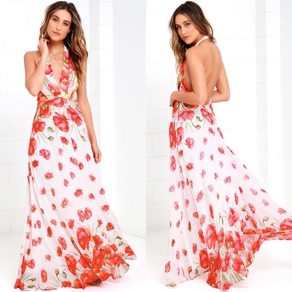 Lulu's Poppy Floral Maxi Dress Halter Neck Ivory/Red Size XL NWT - Picture 2 of 14